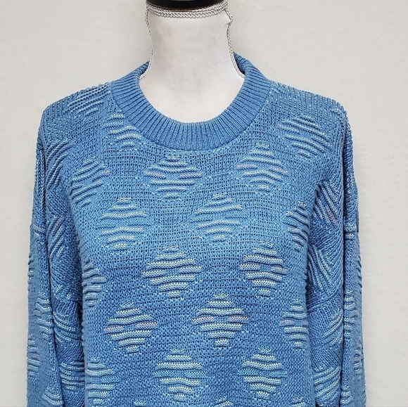 VINTAGE 80s Peconic Bay Traders Sky Blue Knit Geometric Print Crewneck Sweater - Picture 3 of 11